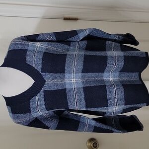 AnyBody Size S Blue and Gray Plaid Intarsia V-Neck Sweater, Exc. Used Condition